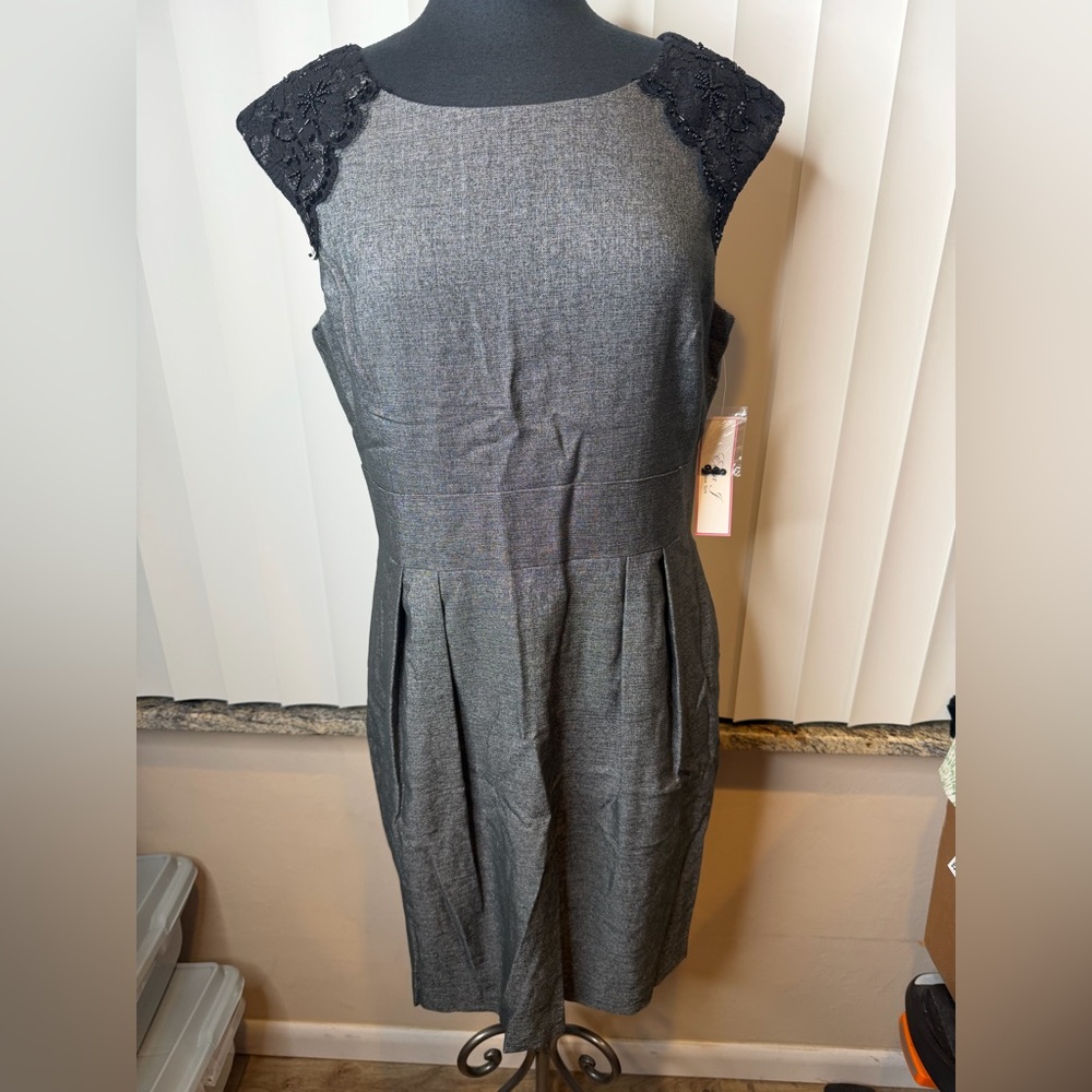 Eliza J New York Heather Gray Black Lace Embellished Sleeve Sheath Dress Size 14